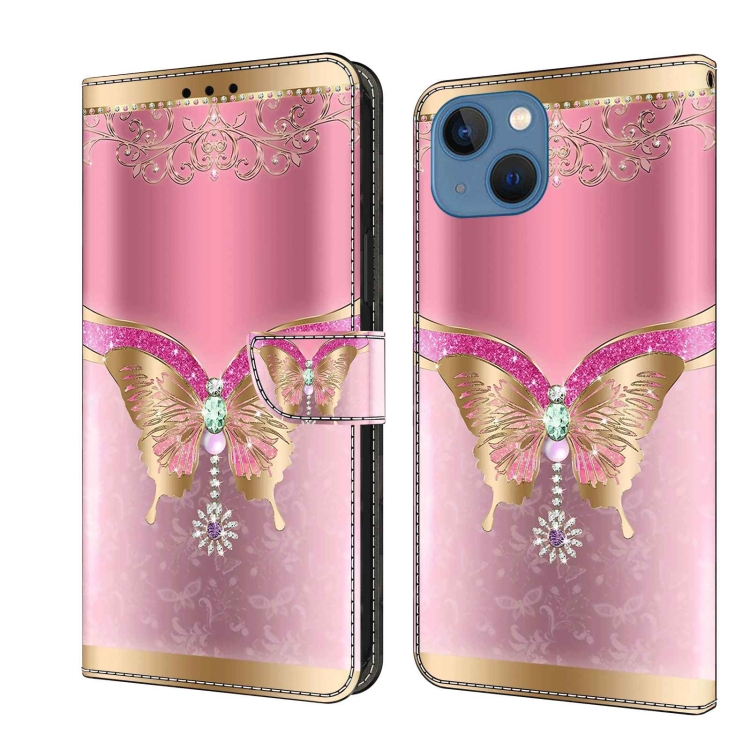 

For iPhone 13 / 14 Crystal 3D Shockproof Protective Leather Phone Case(Pink Bottom Butterfly)