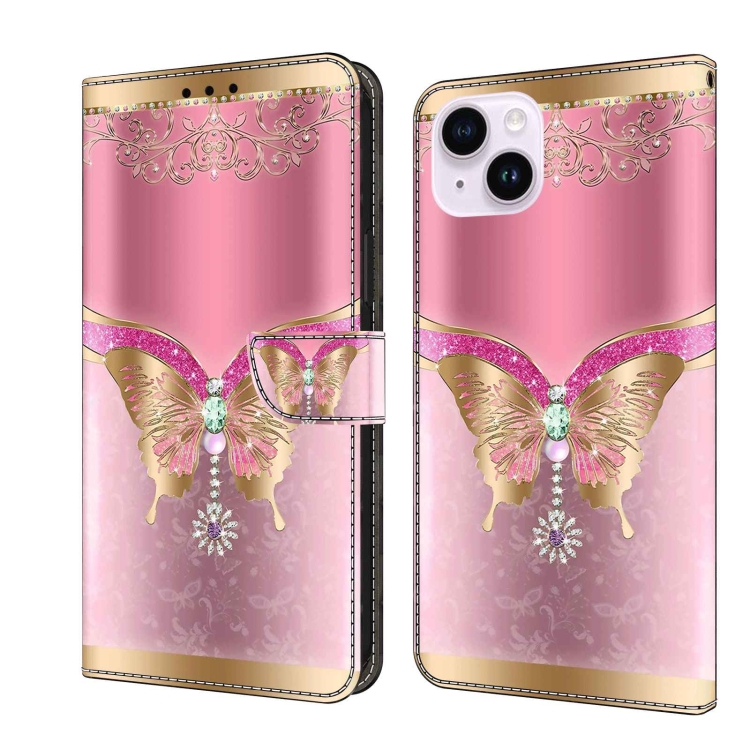 

For iPhone 14 Plus Crystal 3D Shockproof Protective Leather Phone Case(Pink Bottom Butterfly)
