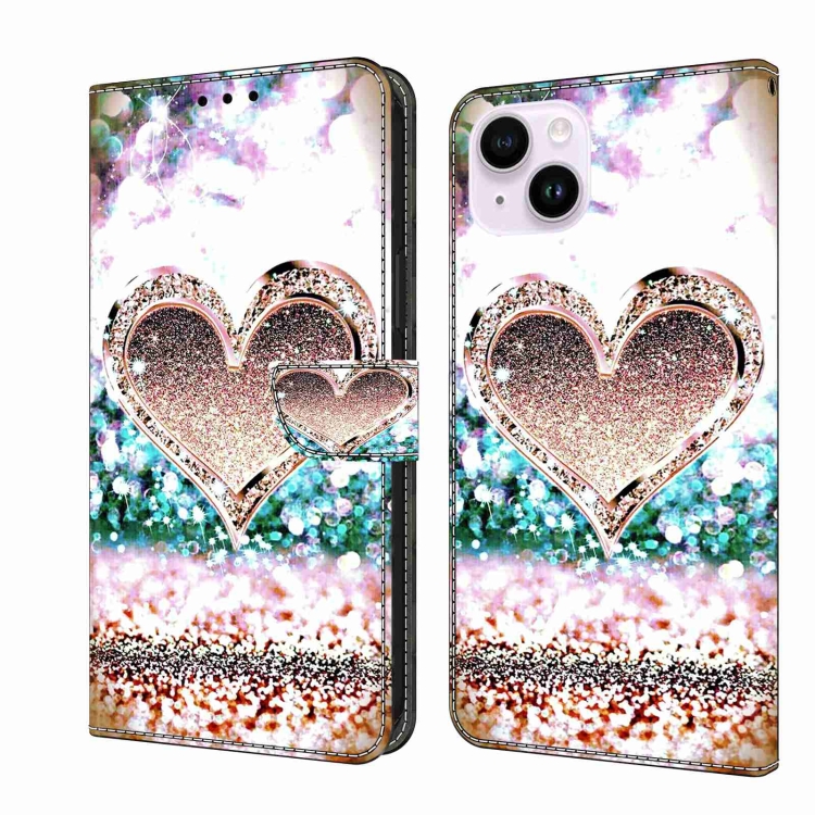 

For iPhone 14 Plus Crystal 3D Shockproof Protective Leather Phone Case(Pink Diamond Heart)