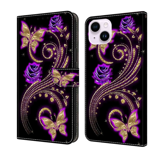 

For iPhone 14 Plus Crystal 3D Shockproof Protective Leather Phone Case(Purple Flower Butterfly)