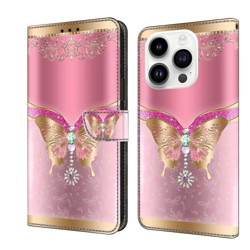 

For iPhone 14 Pro Crystal 3D Shockproof Protective Leather Phone Case(Pink Bottom Butterfly)