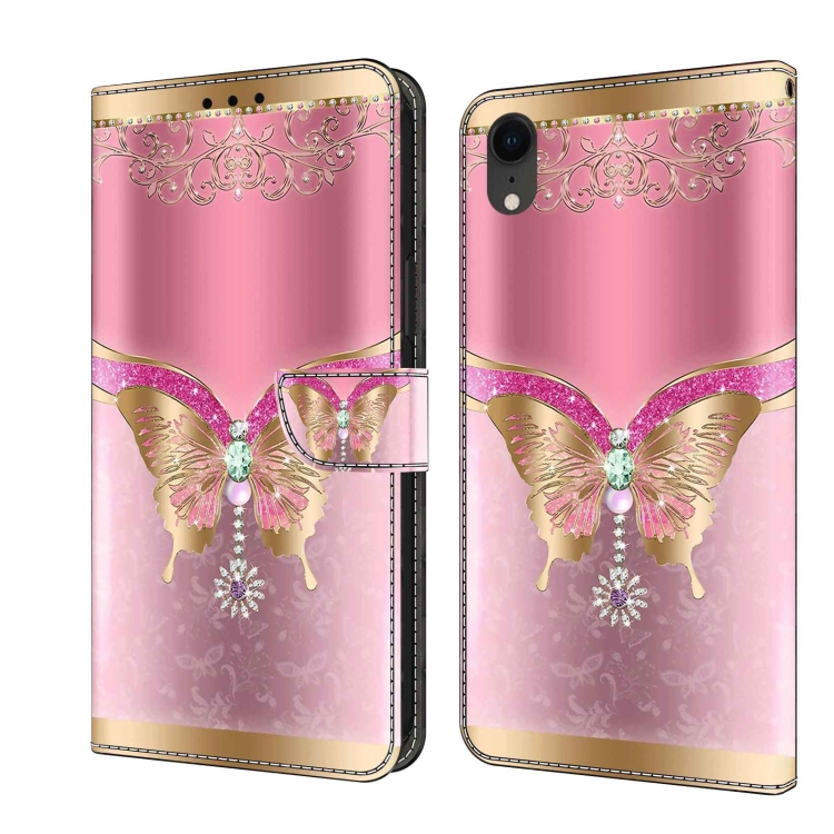 

For iPhone XR Crystal 3D Shockproof Protective Leather Phone Case(Pink Bottom Butterfly)
