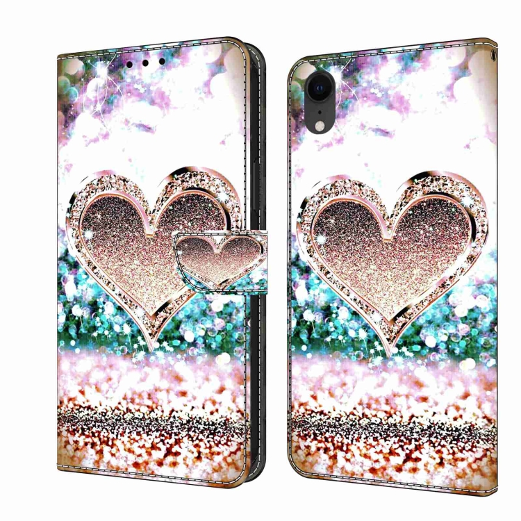 

For iPhone XR Crystal 3D Shockproof Protective Leather Phone Case(Pink Diamond Heart)