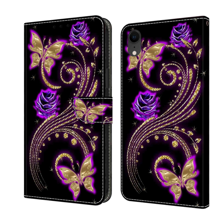 

For iPhone XR Crystal 3D Shockproof Protective Leather Phone Case(Purple Flower Butterfly)