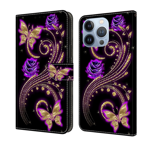 

For iPhone 15 Pro Max Crystal 3D Shockproof Protective Leather Phone Case(Purple Flower Butterfly)