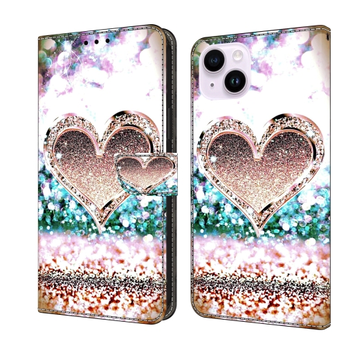 

For iPhone 15 Plus Crystal 3D Shockproof Protective Leather Phone Case(Pink Diamond Heart)