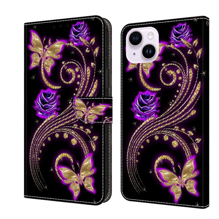

For iPhone 15 Plus Crystal 3D Shockproof Protective Leather Phone Case(Purple Flower Butterfly)