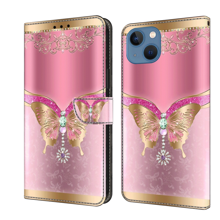 

For iPhone 15 Crystal 3D Shockproof Protective Leather Phone Case(Pink Bottom Butterfly)
