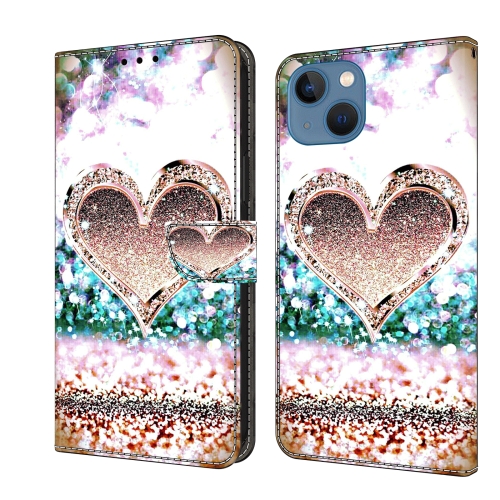 

For iPhone 15 Crystal 3D Shockproof Protective Leather Phone Case(Pink Diamond Heart)