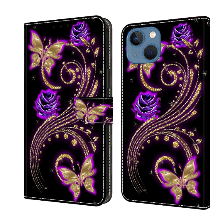 

For iPhone 15 Crystal 3D Shockproof Protective Leather Phone Case(Purple Flower Butterfly)