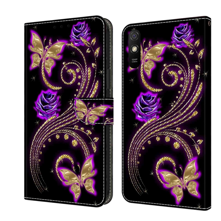 

For Xiaomi Redmi 9A Crystal 3D Shockproof Protective Leather Phone Case(Purple Flower Butterfly)