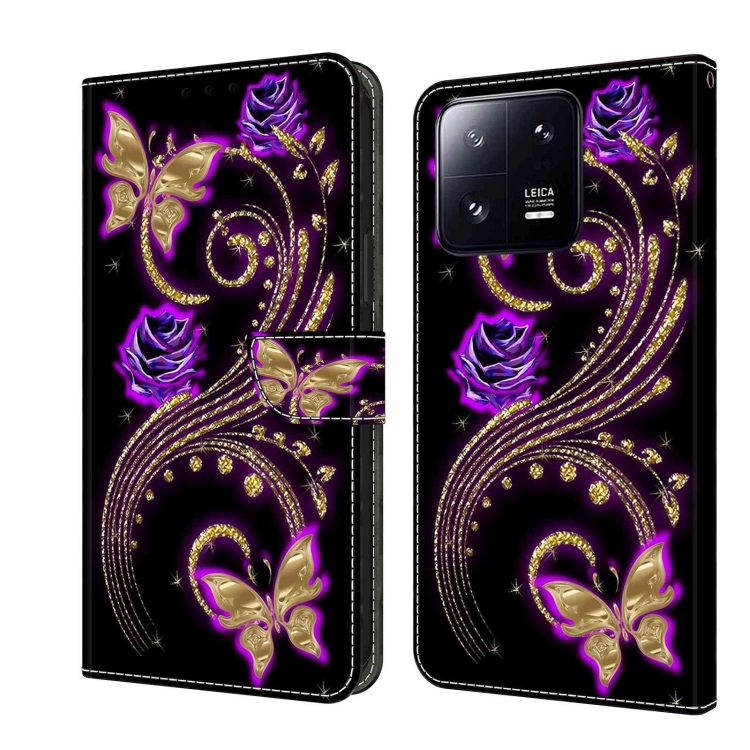 

For Xiaomi 13 Pro Crystal 3D Shockproof Protective Leather Phone Case(Purple Flower Butterfly)