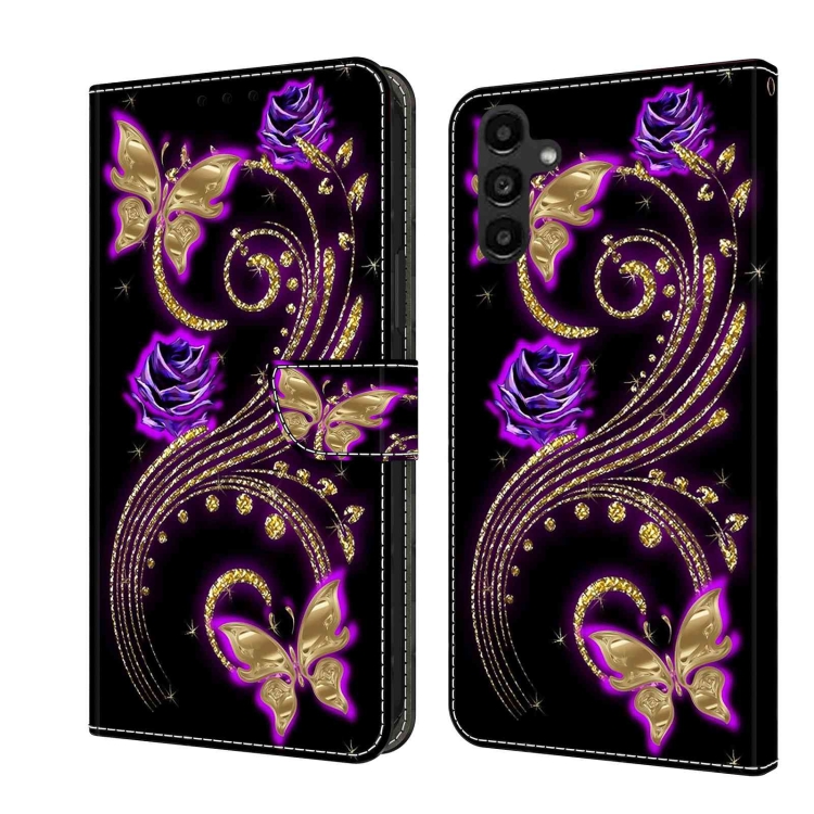 

For Samsung Galaxy A14 4G / 5G Crystal 3D Shockproof Protective Leather Phone Case(Purple Flower Butterfly)