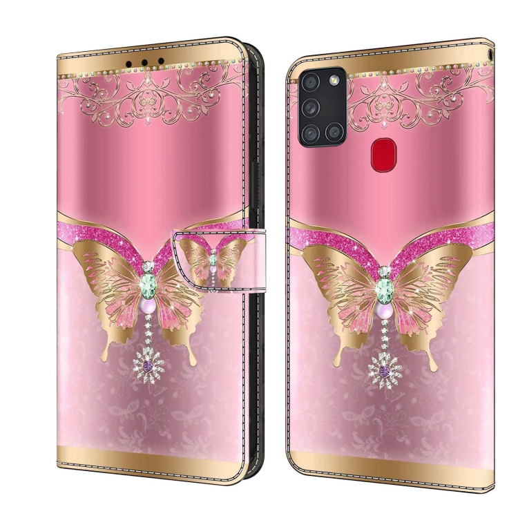 

For Samsung Galaxy A21s Crystal 3D Shockproof Protective Leather Phone Case(Pink Bottom Butterfly)