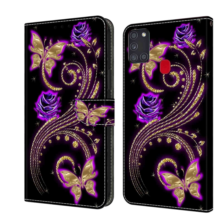 

For Samsung Galaxy A21s Crystal 3D Shockproof Protective Leather Phone Case(Purple Flower Butterfly)