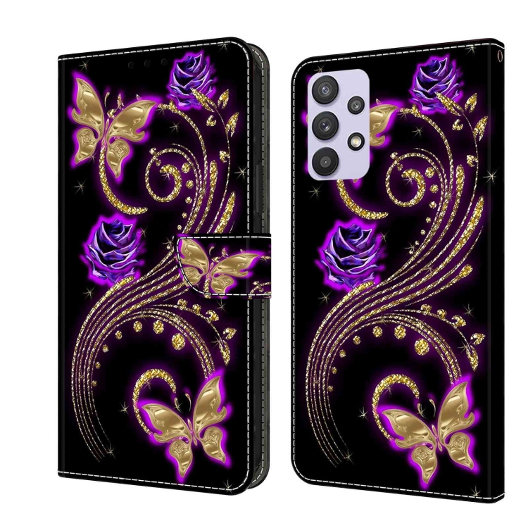 

For Samsung Galaxy A32 5G Crystal 3D Shockproof Protective Leather Phone Case(Purple Flower Butterfly)