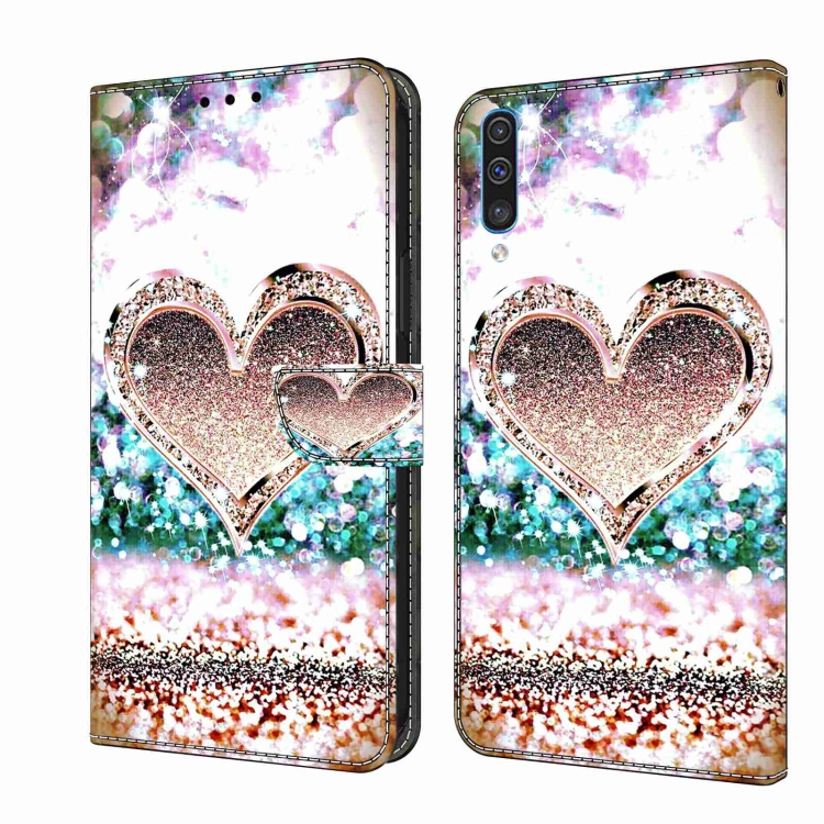 

For Samsung Galaxy A50 Crystal 3D Shockproof Protective Leather Phone Case(Pink Diamond Heart)