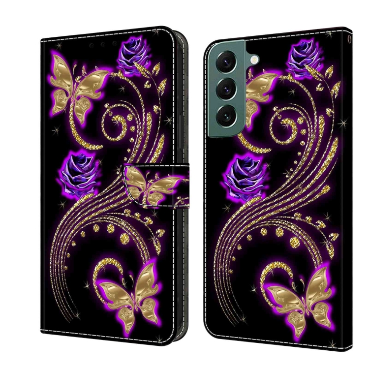 

For Samsung Galaxy S22+ Crystal 3D Shockproof Protective Leather Phone Case(Purple Flower Butterfly)