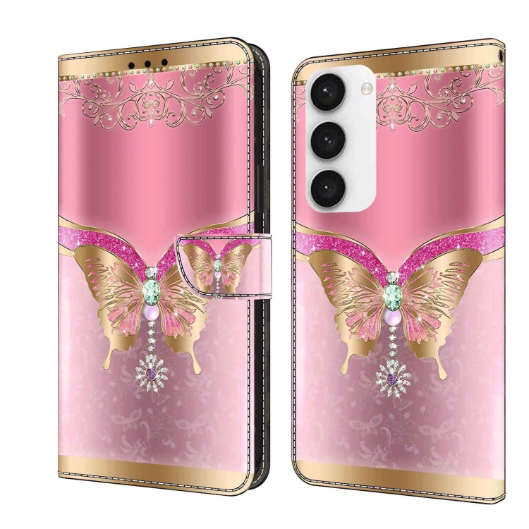 

For Samsung Galaxy S23 Crystal 3D Shockproof Protective Leather Phone Case(Pink Bottom Butterfly)