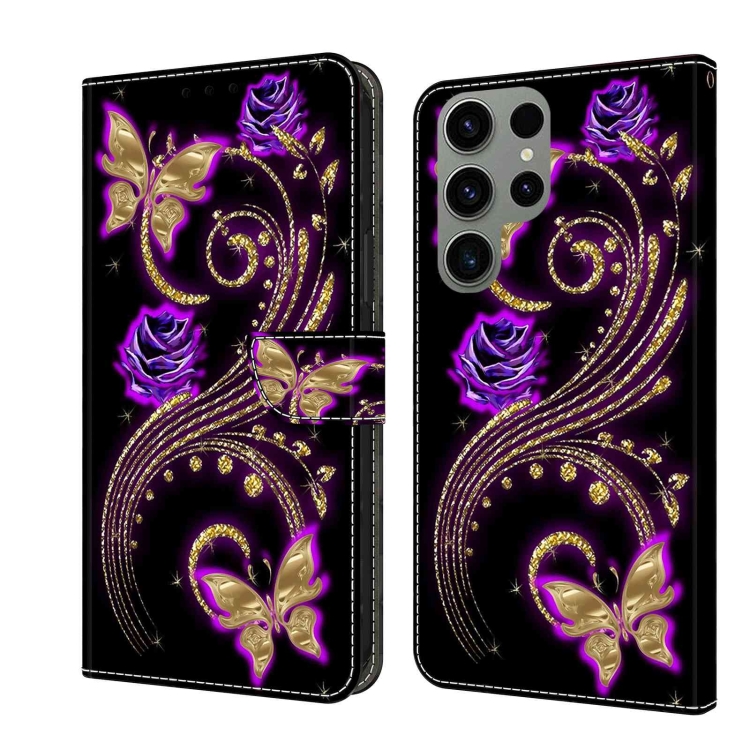

For Samsung Galaxy S23 Ultra Crystal 3D Shockproof Protective Leather Phone Case(Purple Flower Butterfly)