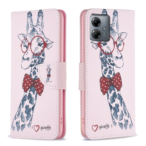 

For Motorola Moto G14 4G Colored Drawing Pattern Leather Phone Case(Giraffe)