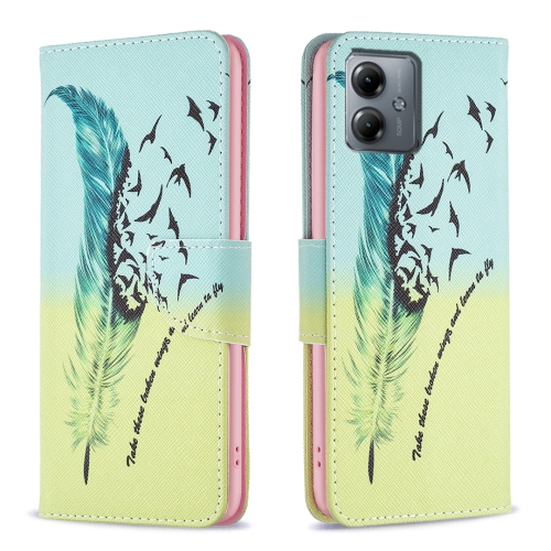 

For Motorola Moto G14 4G Colored Drawing Pattern Leather Phone Case(Feather)