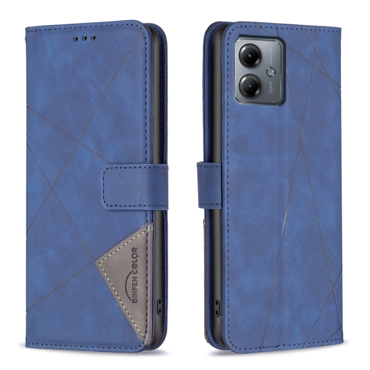 

For Motorola Moto G14 4G Magnetic Buckle Rhombus Texture Leather Phone Case(Blue)