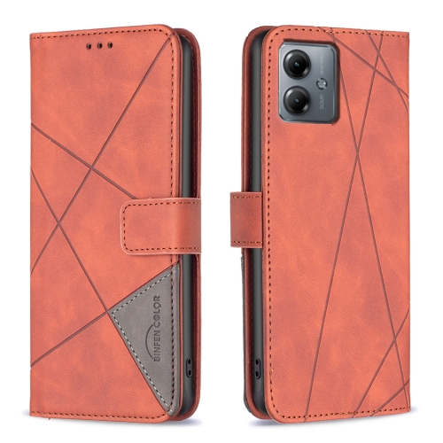 

For Motorola Moto G14 4G Magnetic Buckle Rhombus Texture Leather Phone Case(Brown)