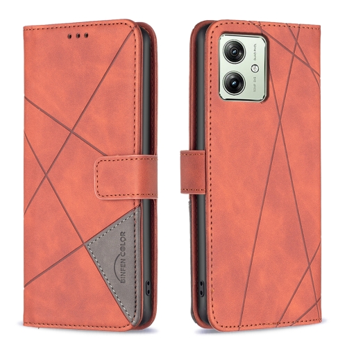 

For Motorola Moto G54 5G EU Edition Magnetic Buckle Rhombus Texture Leather Phone Case(Brown)