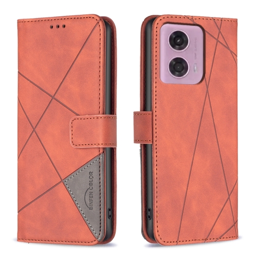 For Motorola Moto G34 5G Magnetic Buckle Rhombus Texture Leather Phone Case(Brown) for motorola moto g54 5g cat and dog embossed leather phone case rose gold
