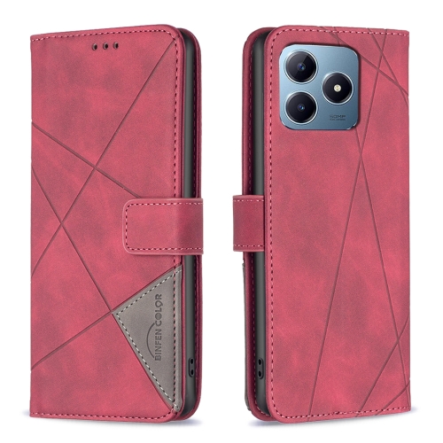 

For Realme C61 / C63 Magnetic Buckle Rhombus Texture Leather Phone Case(Red)
