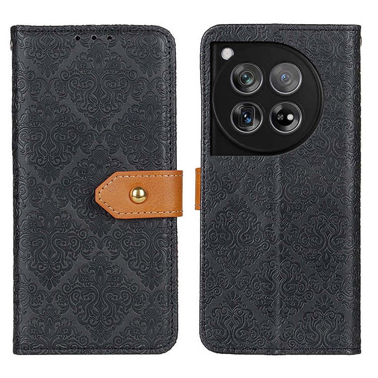 

For OnePlus 12 European Floral Embossed Flip Leather Phone Case(Black)