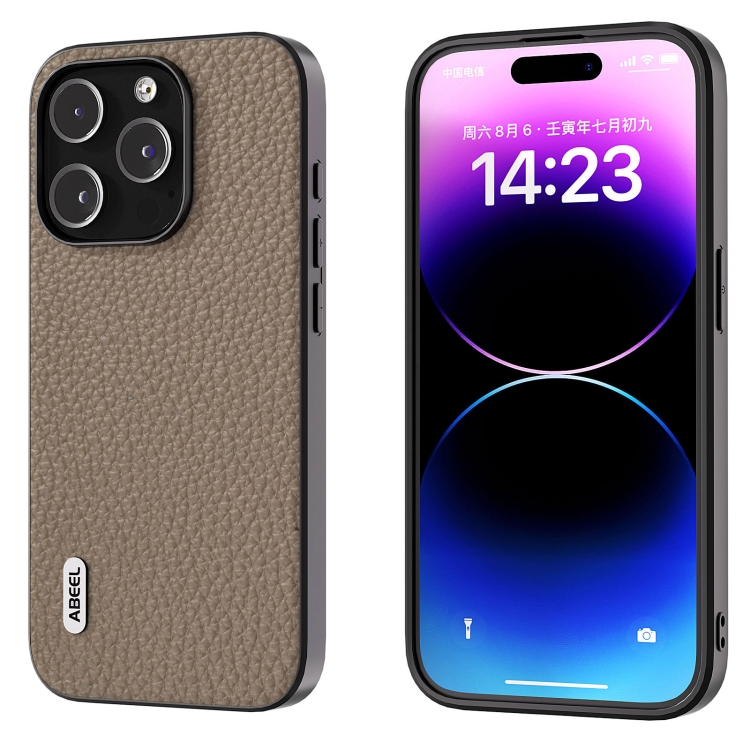 

For iPhone 15 Pro ABEEL Genuine Leather Litchi Texture Phone Case(Grey)
