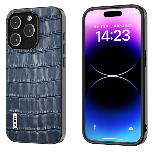 For iPhone 14 Pro Max ABEEL Crocodile Texture Genuine Leather Phone Case(Blue) for iphone 11 pro max water ripple texture tpu phone case grey