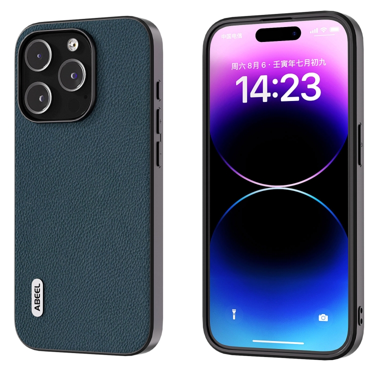 

For iPhone 14 Pro ABEEL Genuine Leather + PC Litchi Texture Phone Case(Green)