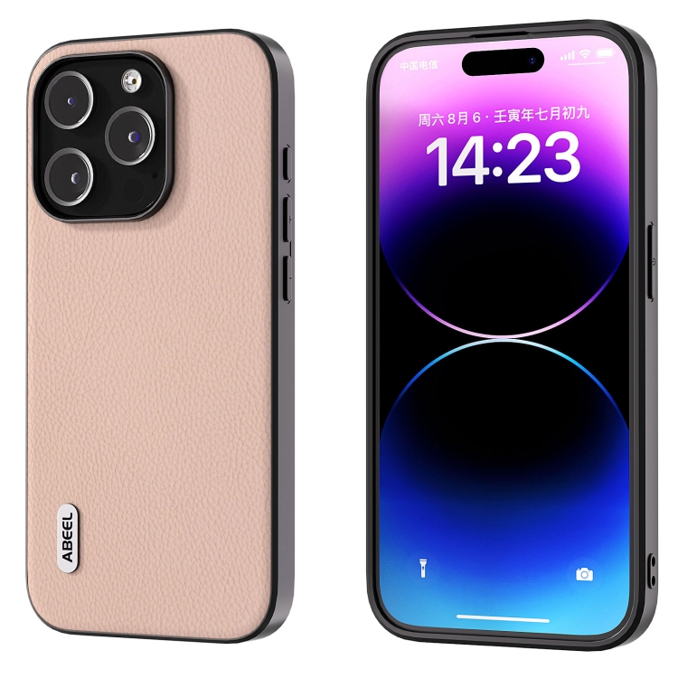 

For iPhone 15 Pro Max ABEEL Genuine Leather + PC Litchi Texture Phone Case(Pink Gold)