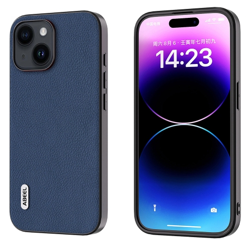 

For iPhone 14 Plus ABEEL Genuine Leather + PC Litchi Texture Phone Case(Blue)