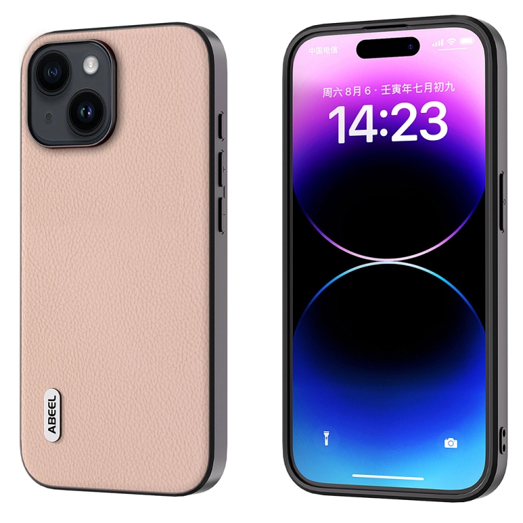 

For iPhone 14 Plus ABEEL Genuine Leather + PC Litchi Texture Phone Case(Pink Gold)