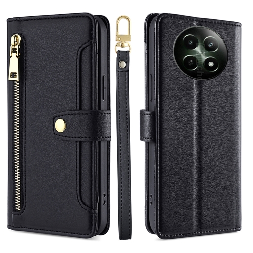 For Realme 12 5G Sheep Texture Cross-body Zipper Wallet Leather Phone Case(Black) чехол визитница leather wallet magsafe горчичный