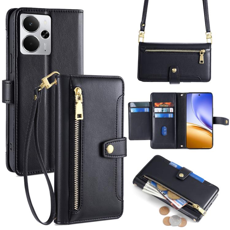 

For Realme 14 5G Global Sheep Texture Cross-body Zipper Wallet Leather Phone Case(Black)