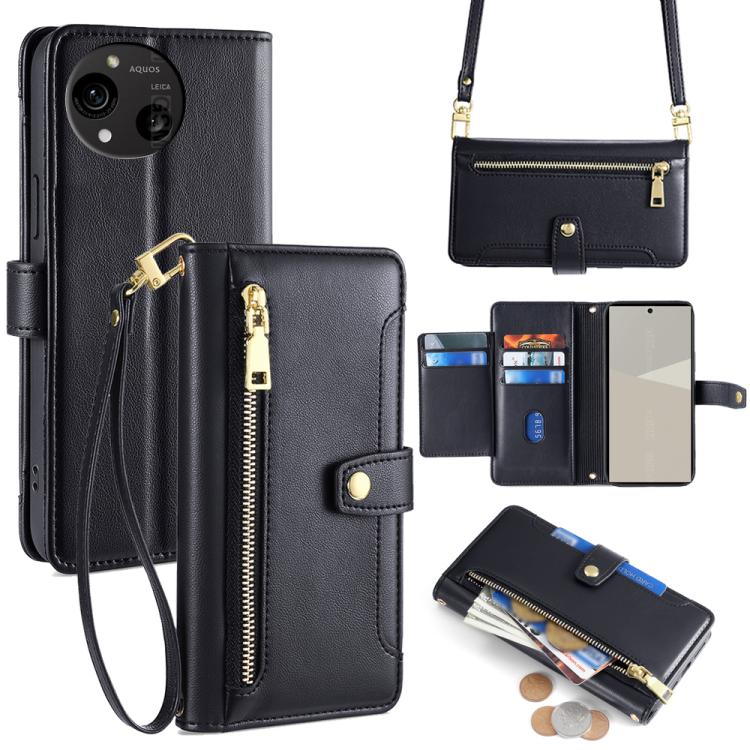 

For Sharp Aquos R10 Sheep Texture Cross-body Zipper Wallet Leather Phone Case(Black)