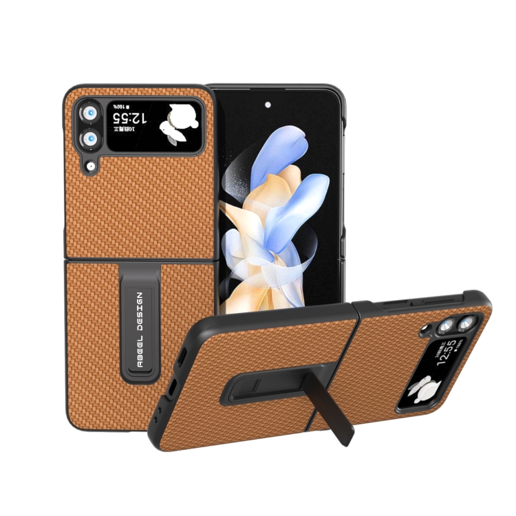 

For Samsung Galaxy Z Flip3 5G Carbon Fiber Texture Protective Phone Case with Holder(Brown)