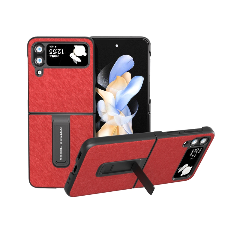 

For Samsung Galaxy Z Flip3 5G Cross Texture Genuine Leather Phone Case with Holder(Red)