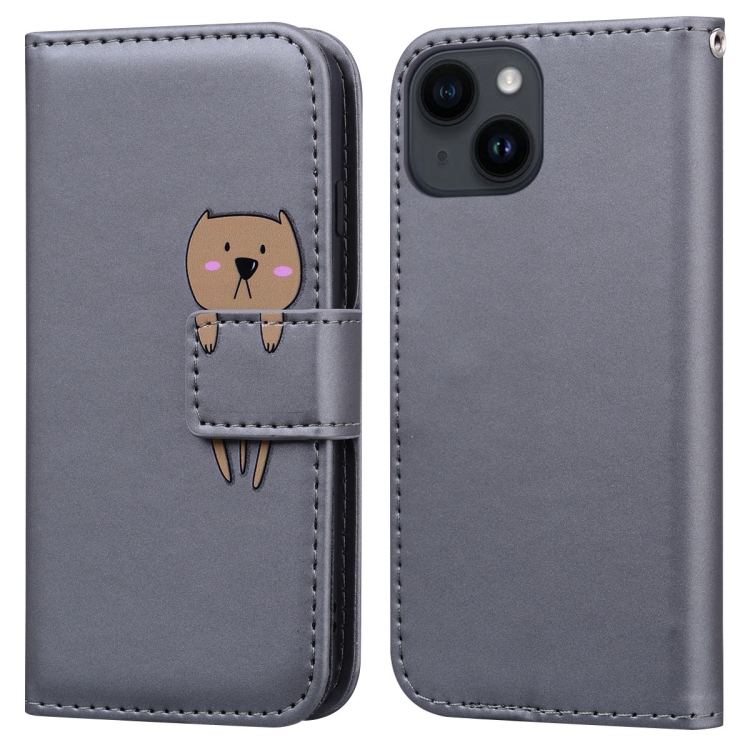 

For iPhone 14 Plus Cartoon Buckle Horizontal Flip Leather Phone Case(Grey)