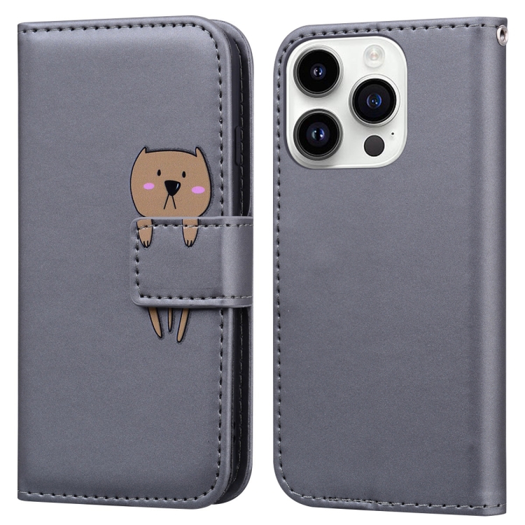 

For iPhone 13 Pro Max Cartoon Buckle Horizontal Flip Leather Phone Case(Grey)