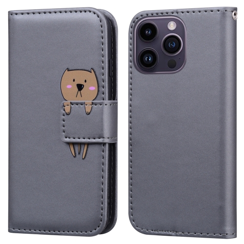 

For iPhone 15 Pro Cartoon Buckle Horizontal Flip Leather Phone Case(Grey)