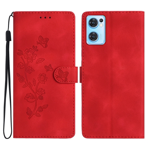 

For OPPO Find X5 Lite / Reno7 5G Flower Butterfly Embossing Pattern Leather Phone Case(Red)