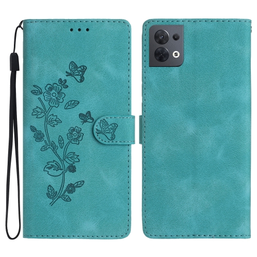 

For OPPO Reno8 5G Flower Butterfly Embossing Pattern Leather Phone Case(Sky Blue)