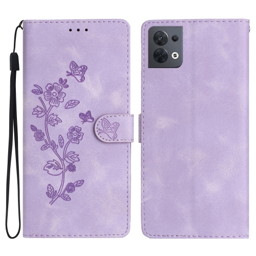 

For OPPO Reno8 5G Flower Butterfly Embossing Pattern Leather Phone Case(Purple)