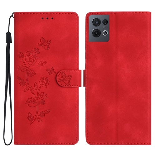 

For OPPO Reno8 Pro 5G Flower Butterfly Embossing Pattern Leather Phone Case(Red)